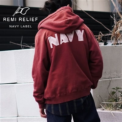 REMI RELIEF NAVY LABEL｜大胆なプリントが目を引く、ヴィンテージ加工のジップパーカ