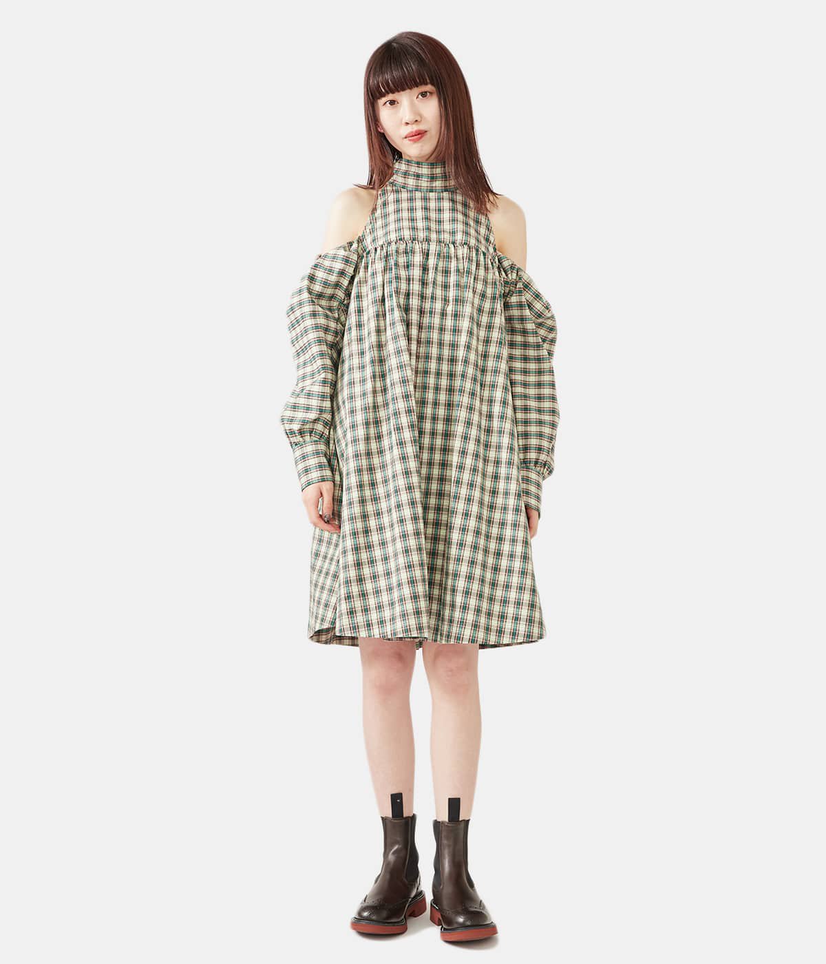 【レディース】double-end tartan ox dolman sleeve dress