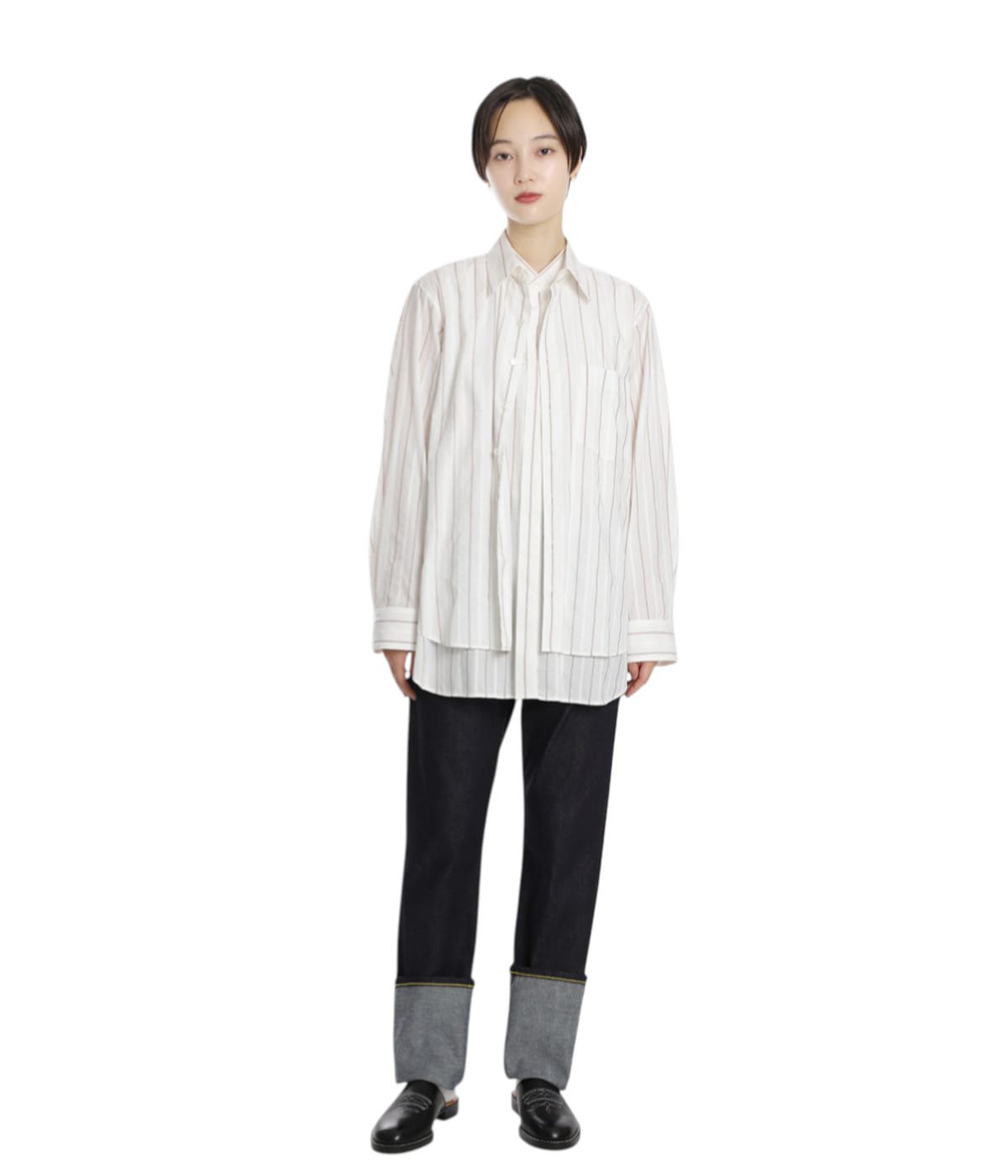 レディース】double-front cotton silk JQstripe shirt