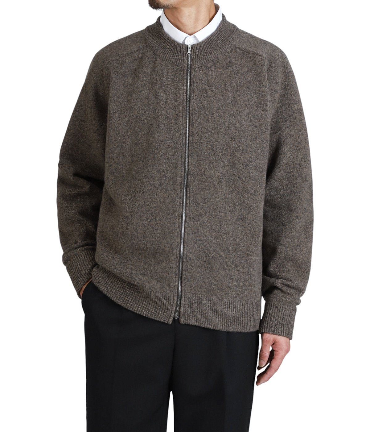 ZIP CREW NECK CARDIGAN -LAMS WOOL PLAIN KNITTED- | The CLASIK(ザ