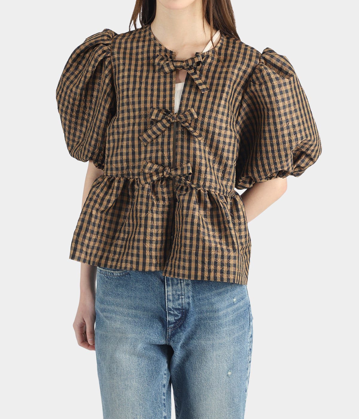 レディース】Crinkled Taffeta Check Peplum Blouse | GANNI(ガニー