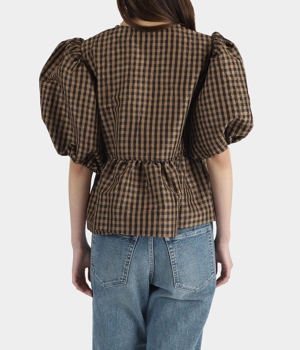 GANNI チェック柄 パフスリーブ トップス レディース】Crinkled Taffeta Check Peplum Blouse | GANNI(ガニー