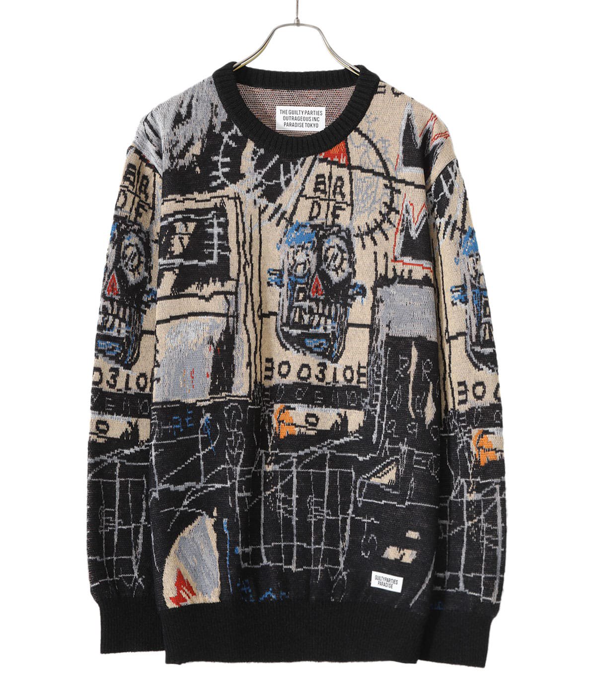 WACKO MARIA ワコマリア ×JEAN-MICHEL BASQUIA CREW NECK SWEATER×ジャンミシェルバスキア クルーネックニット長袖セーター BASQUIAT-WM-KN09 ブラック