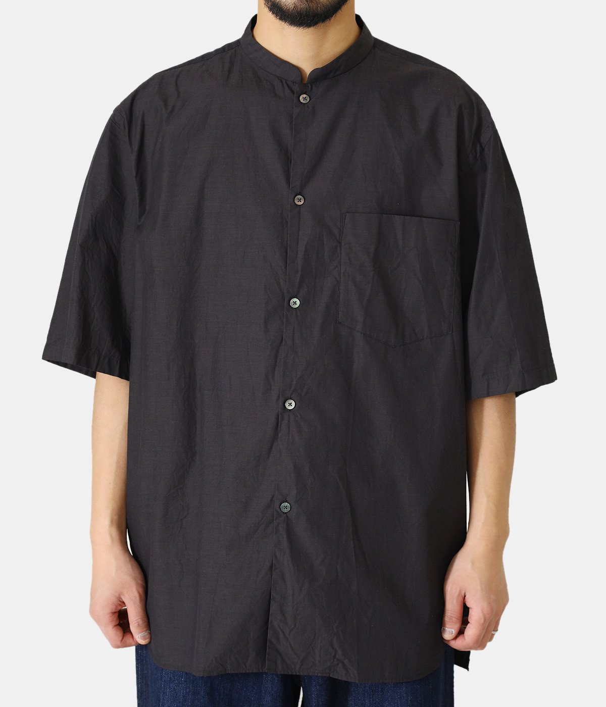 High Count Chambray Stand-up Collar Washed Shirt S/S