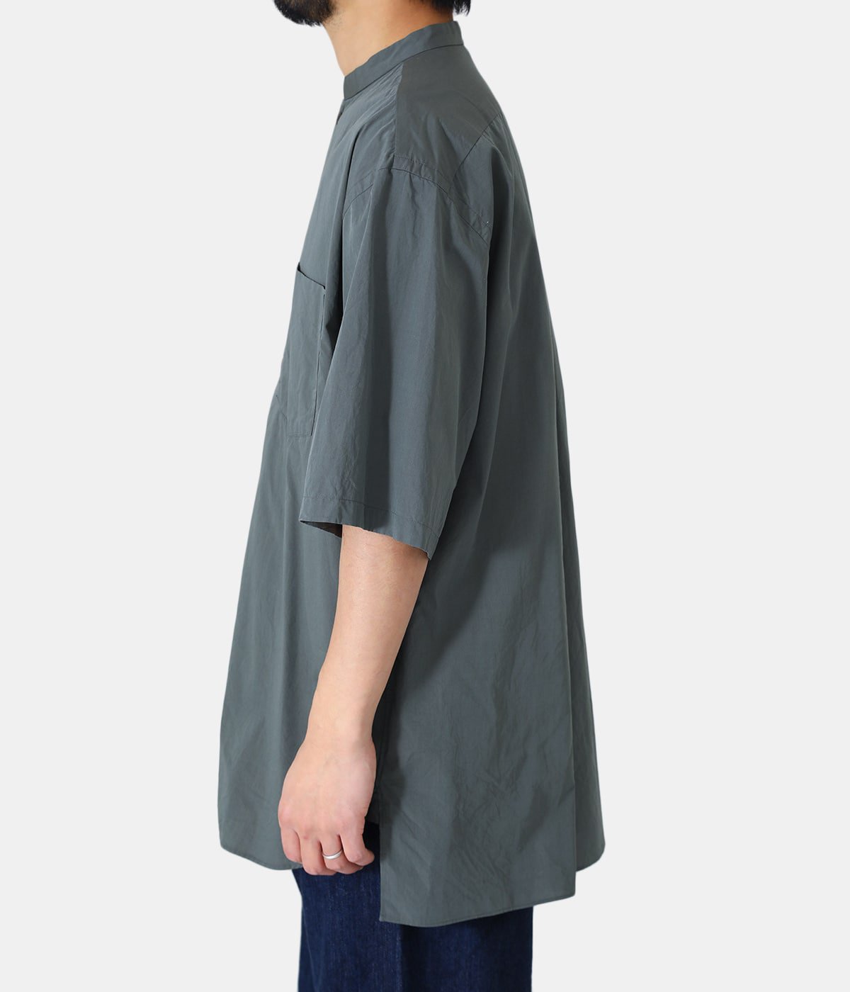 High Count Chambray Stand-up Collar Washed Shirt S/S