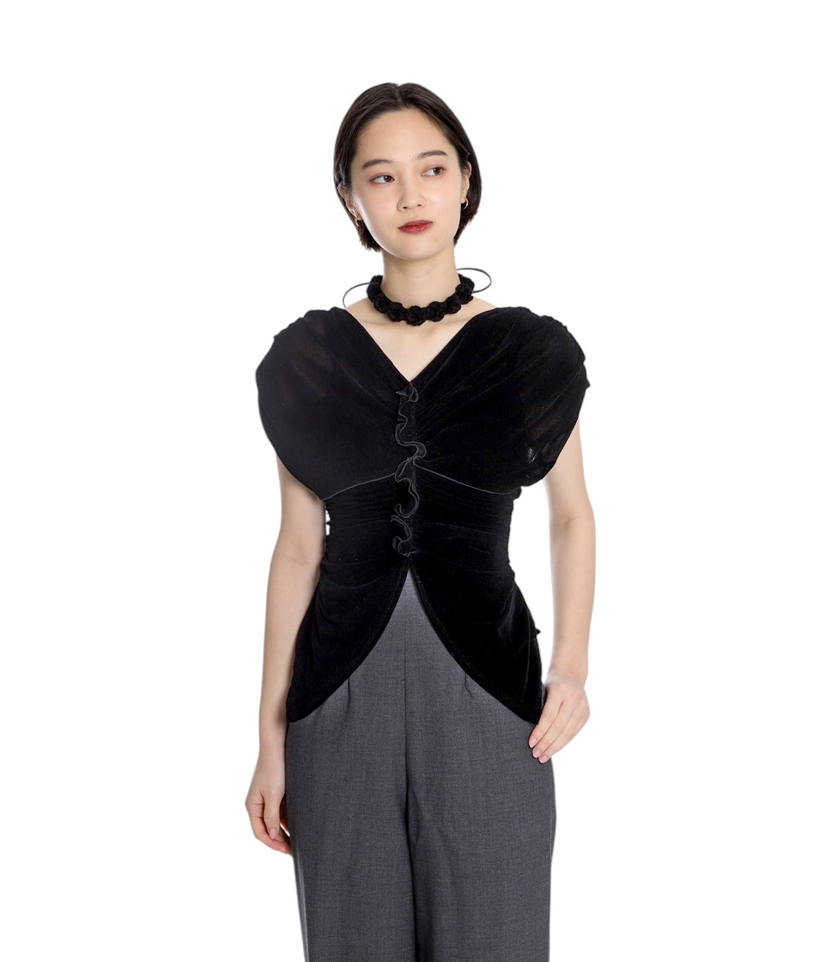 トップス 25SS FETICO VELVET TULLE SHIRRING TOP 25SS】FETICO フェティコ /VELVET TULLE SHIRRING TOP