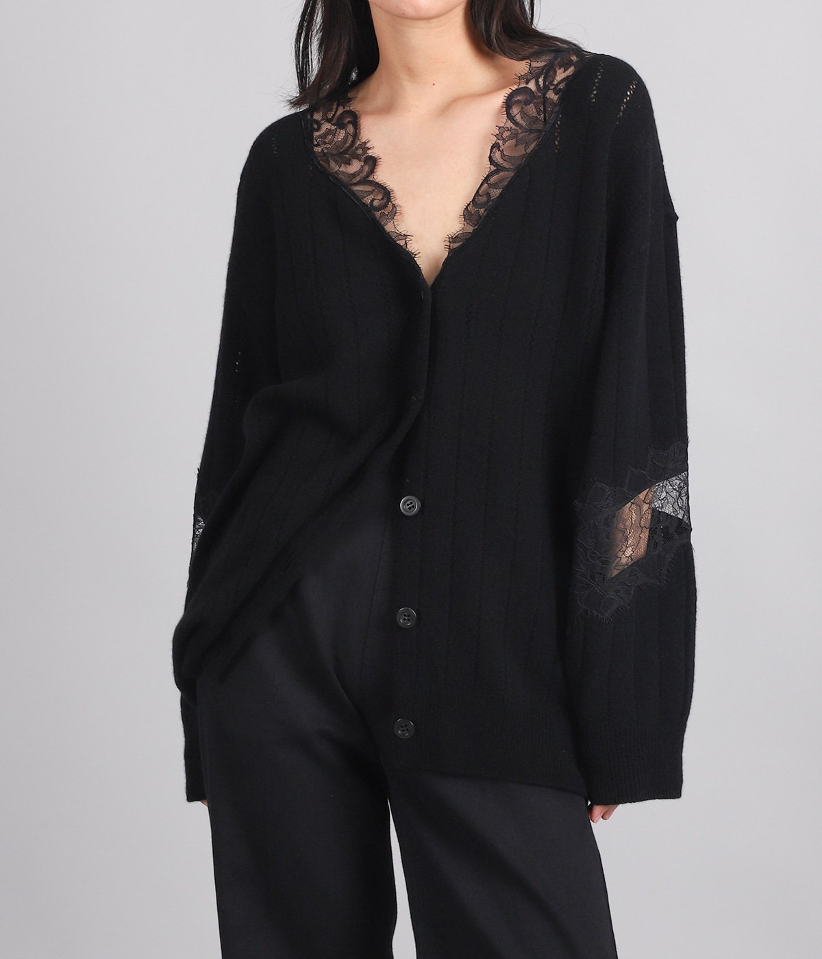レディース】OVERSIZED HAIRY LACE PANELED KNIT CARDIGAN | FETICO