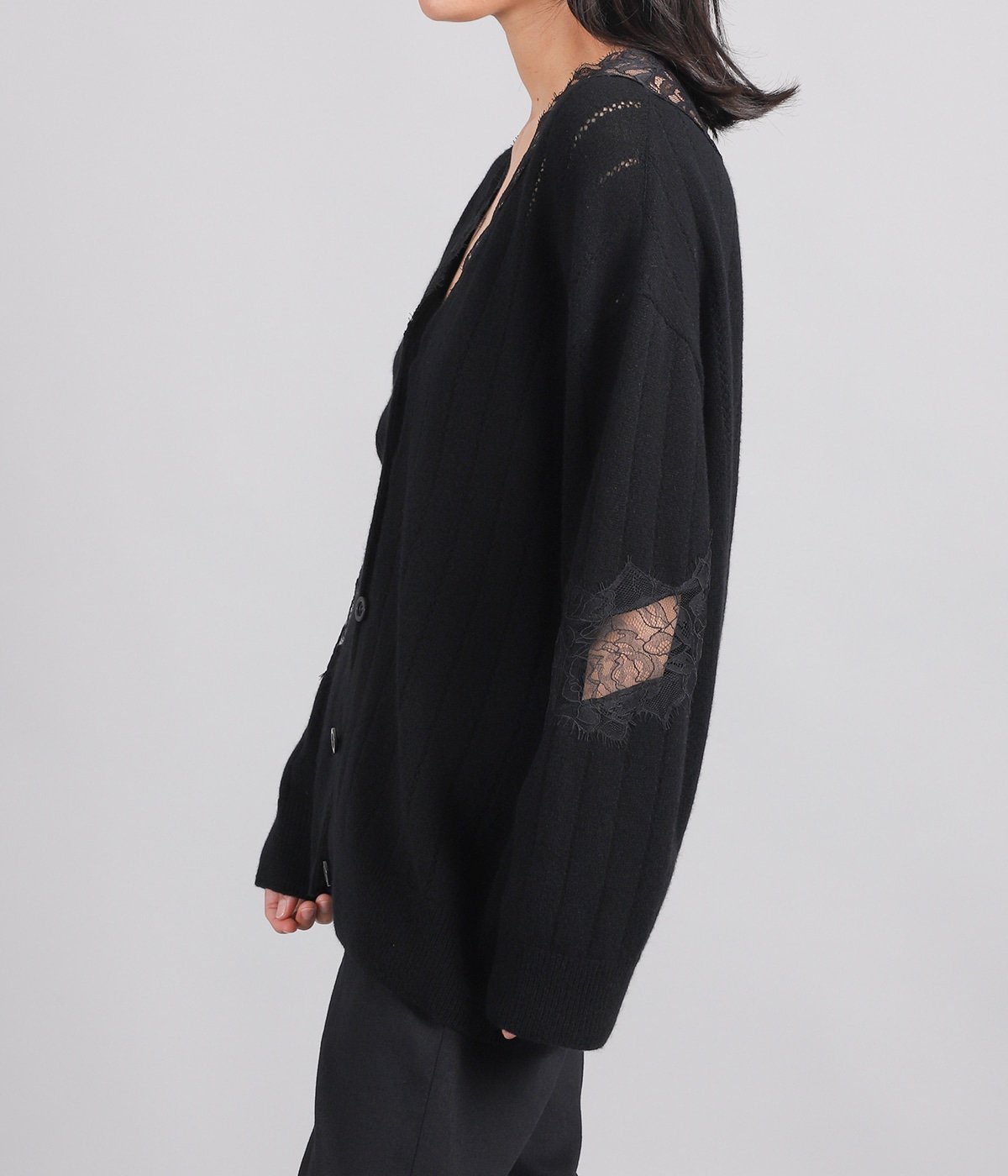 レディース】OVERSIZED HAIRY LACE PANELED KNIT CARDIGAN | FETICO