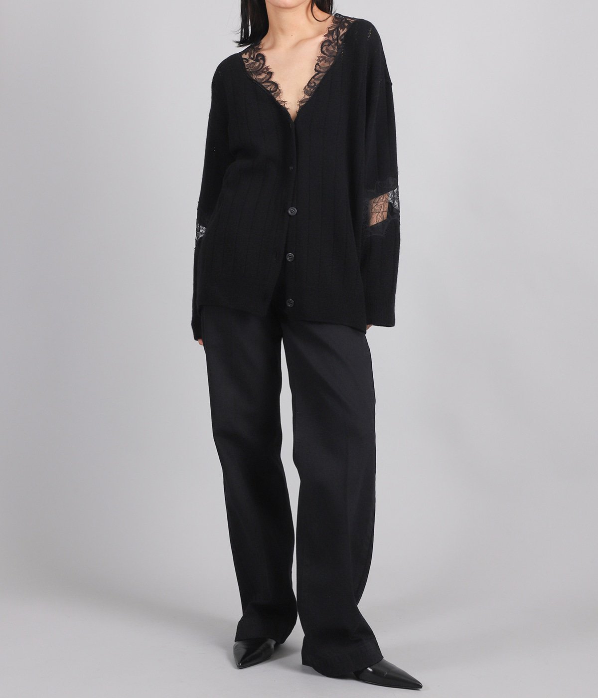 レディース】OVERSIZED HAIRY LACE PANELED KNIT CARDIGAN | FETICO