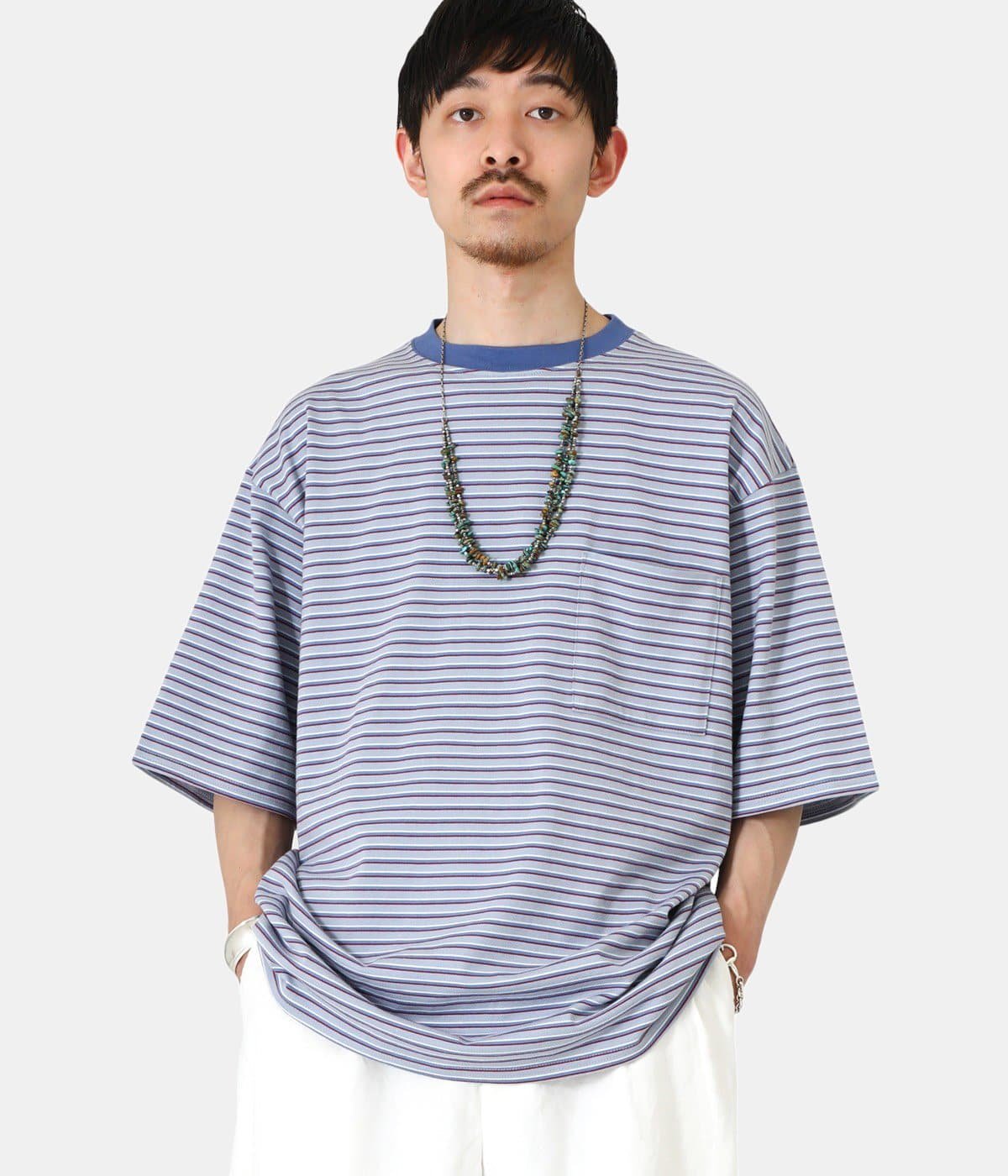 Marka マーカ Tシャツ サイズ:3 22SS オーバーサイズ ポケット ボーダー クルーネック BORDER TEE S/S - COMBED KNIT BORDER ビッグ チャコール ピンク 日本製 トップス カットソー 半袖 【メンズ】