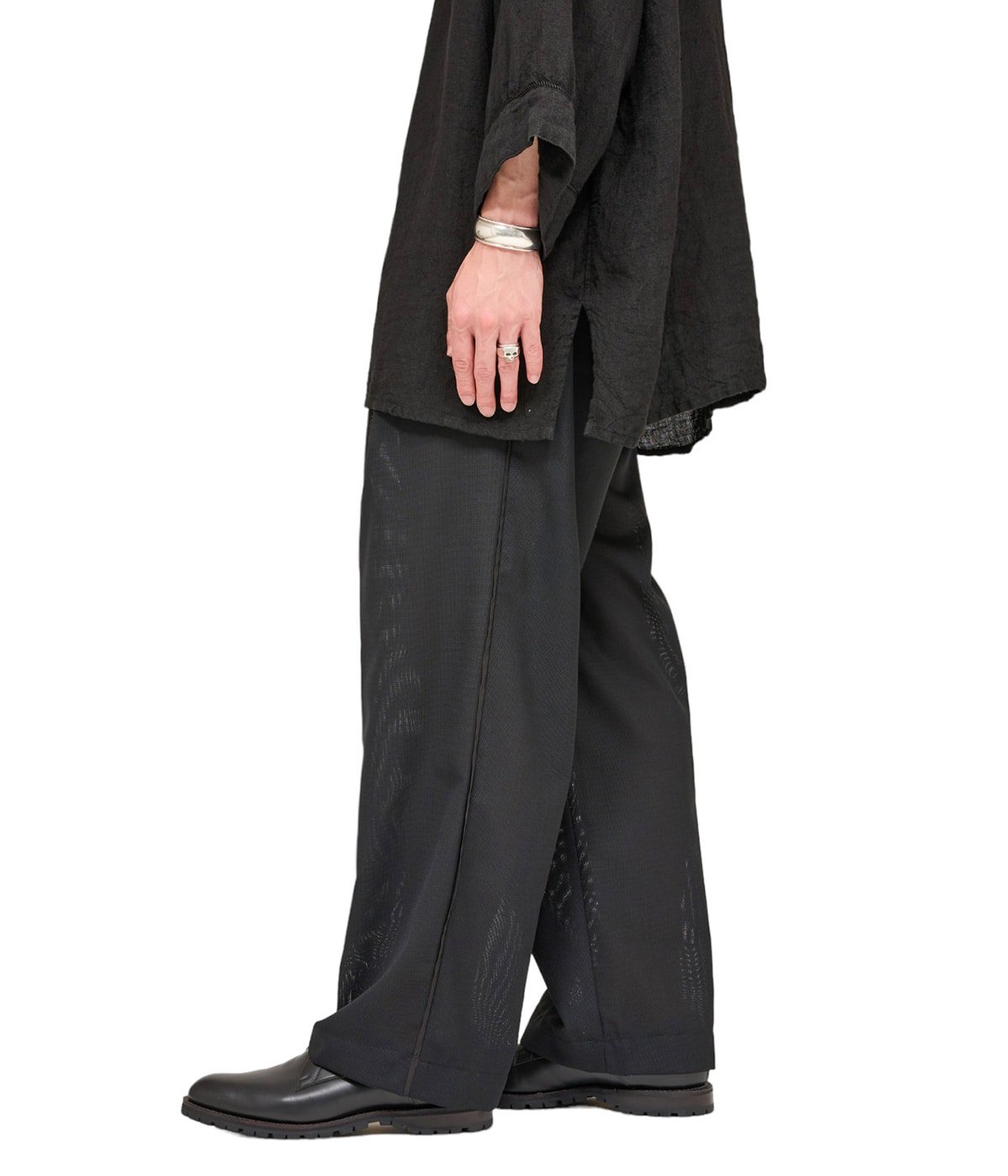 SIDE PIPING 1TUCK EASY PANTS - RECYCLE POLYESTER WOOL MESH 