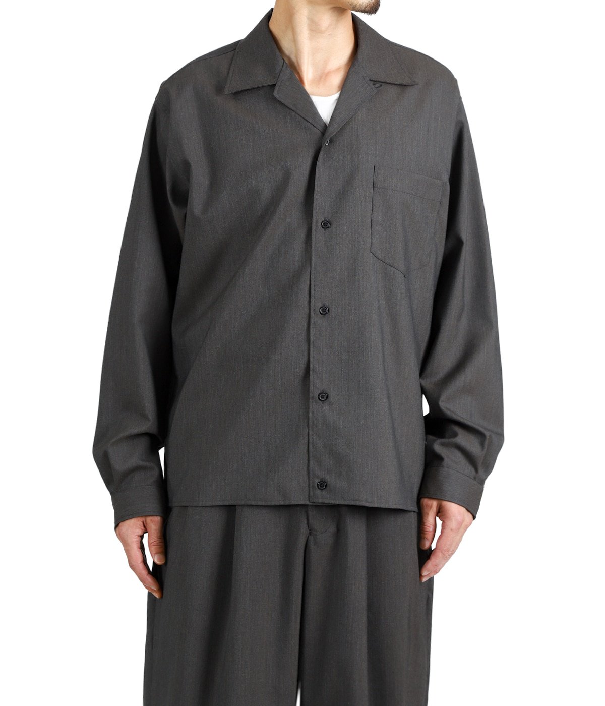 OPEN COLLAR L/S SHIRT WITH HEM TAB -2/60 WOOL TROPICAL MELANGE