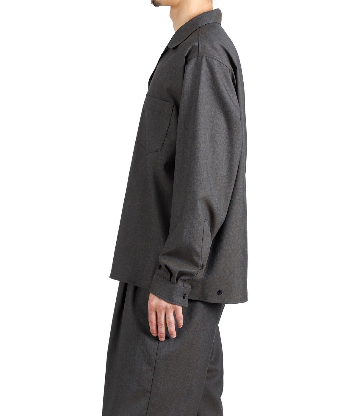 OPEN COLLAR L/S SHIRT WITH HEM TAB -2/60 WOOL TROPICAL MELANGE