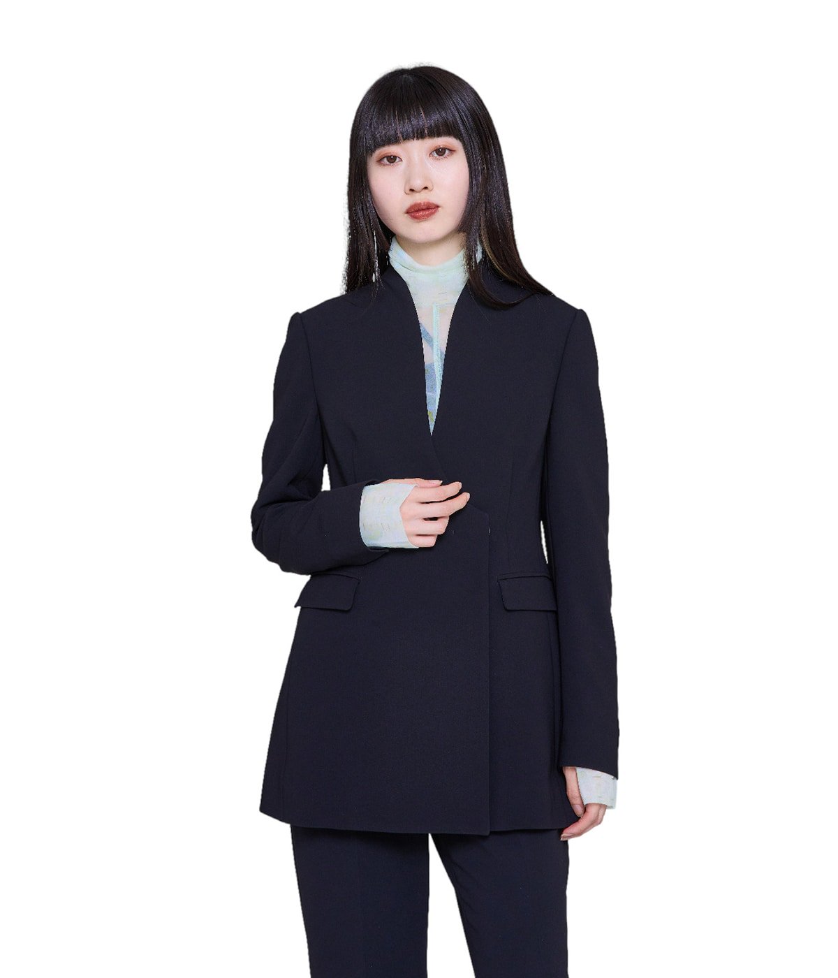 レディース】Collarless Double Breasted Suit Jacket | Mame