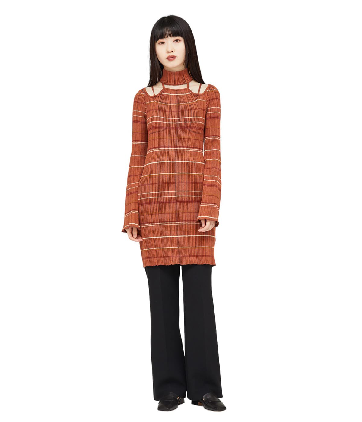 ニットワンピマメクロゴウチRandom Ribbed Plaid Knitted Dress