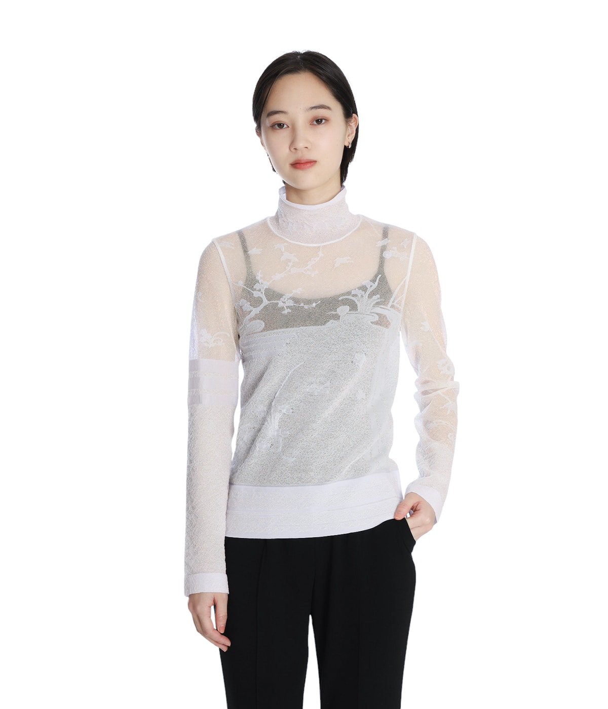 レディース】Nature Pattern Sheer Knitted High Neck Top レディース】Nature Pattern Sheer Knitted High Neck Top
