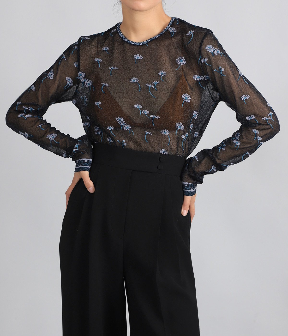 レディース】Floral Pattern Long Sleeve Sheer Knit Top | Mame