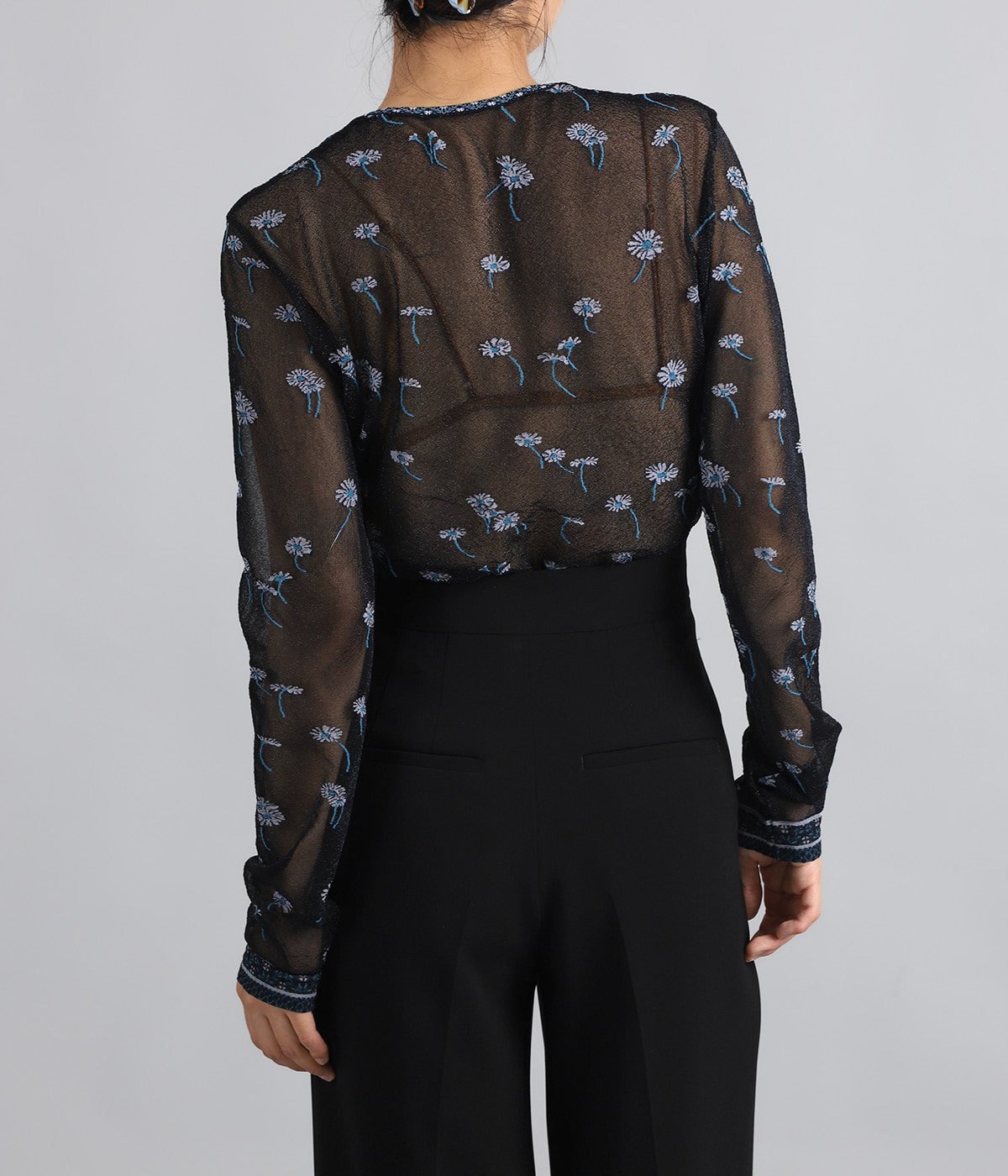 レディース】Floral Pattern Long Sleeve Sheer Knit Top | Mame