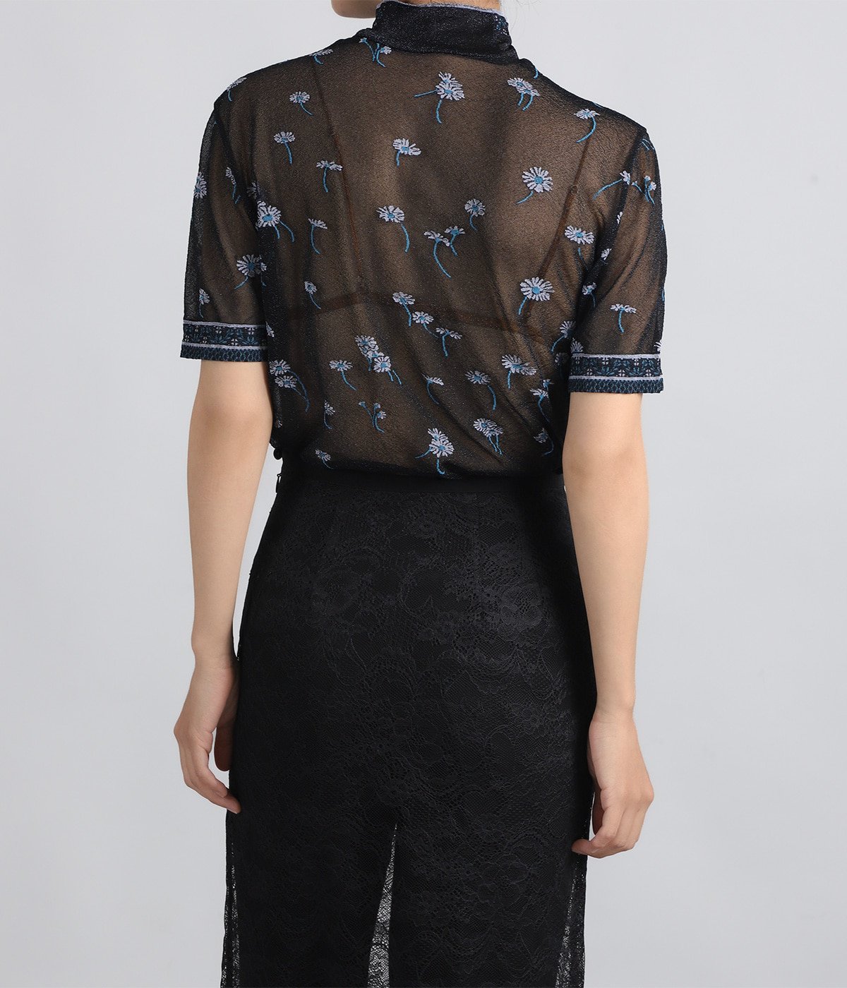レディース】Floral Pattern Short Sleeve Sheer Knit Top | Mame