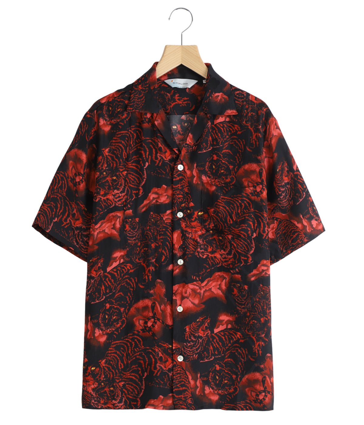 SILK CUPRO SHORT SLEEVE ALOHA SHIRT〈ONE HUDRED TIGERS / BLACK