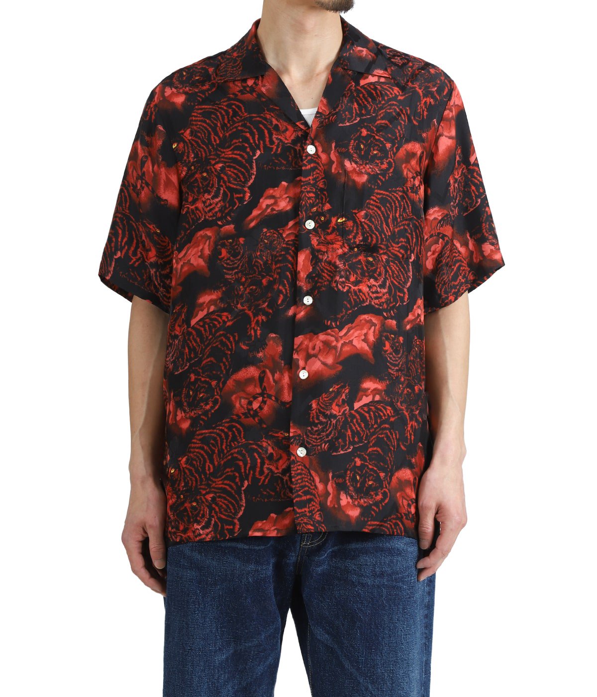 SILK CUPRO SHORT SLEEVE ALOHA SHIRT〈ONE HUDRED TIGERS / BLACK