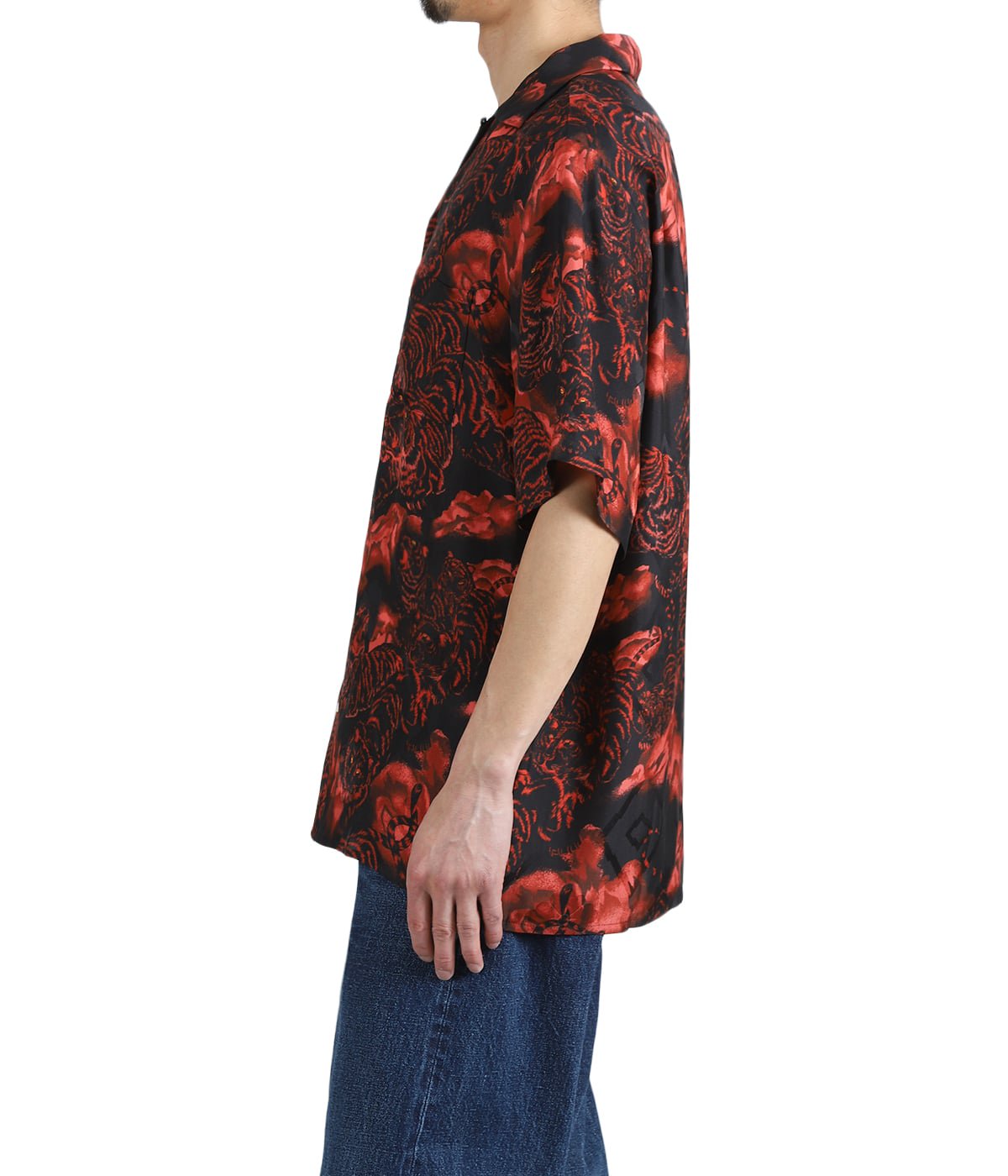 SILK CUPRO SHORT SLEEVE ALOHA SHIRT〈ONE HUDRED TIGERS / BLACK