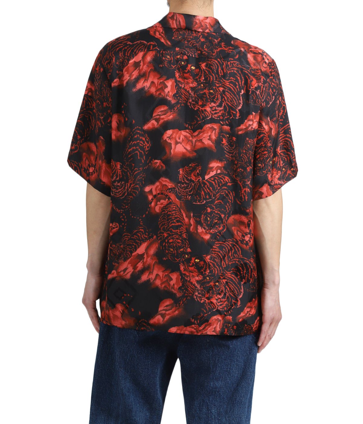 SILK CUPRO SHORT SLEEVE ALOHA SHIRT〈ONE HUDRED TIGERS / BLACK