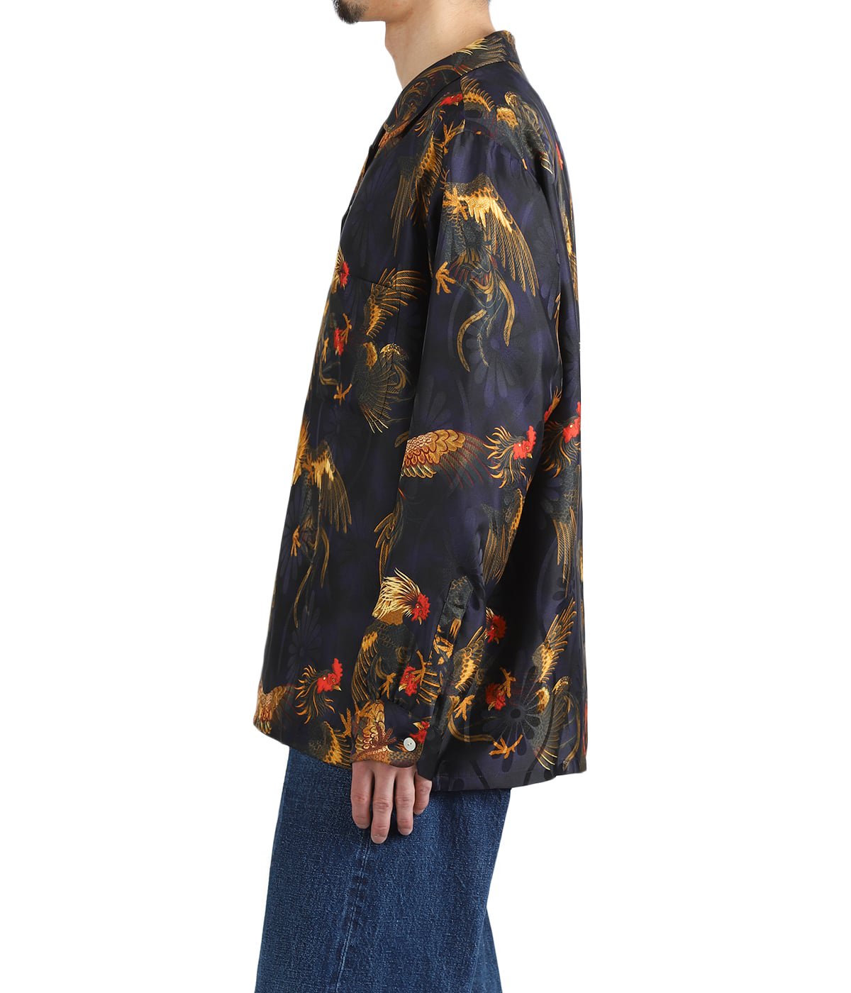 SILK LONG SLEEVE ALOHA SHIRT〈COCK FIGHTING/ BLACK BLUE 