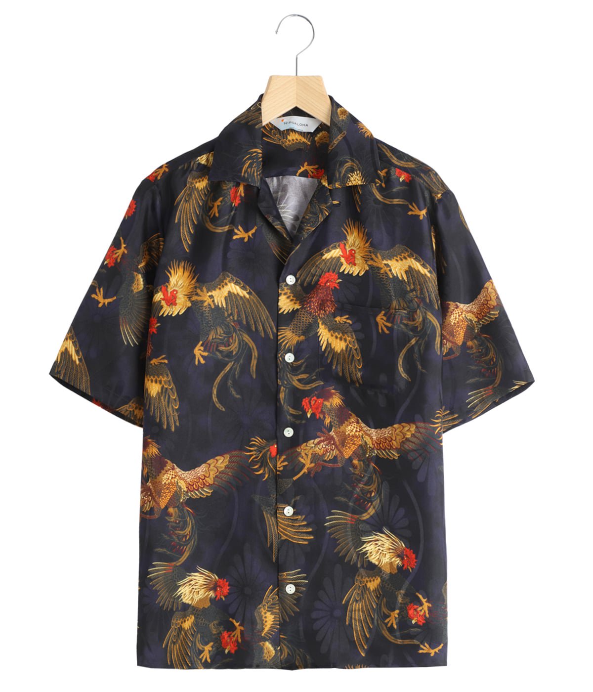 SILK SHORT SLEEVE ALOHA SHIRT〈COCK FIGHTING/ BLACK BLUE