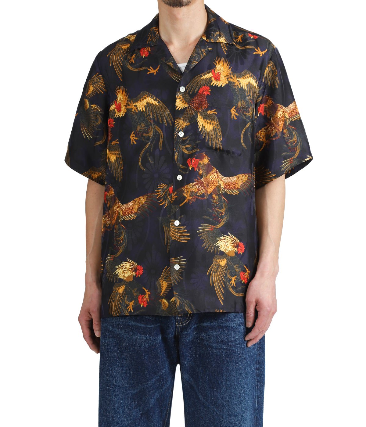 SILK SHORT SLEEVE ALOHA SHIRT〈COCK FIGHTING/ BLACK BLUE