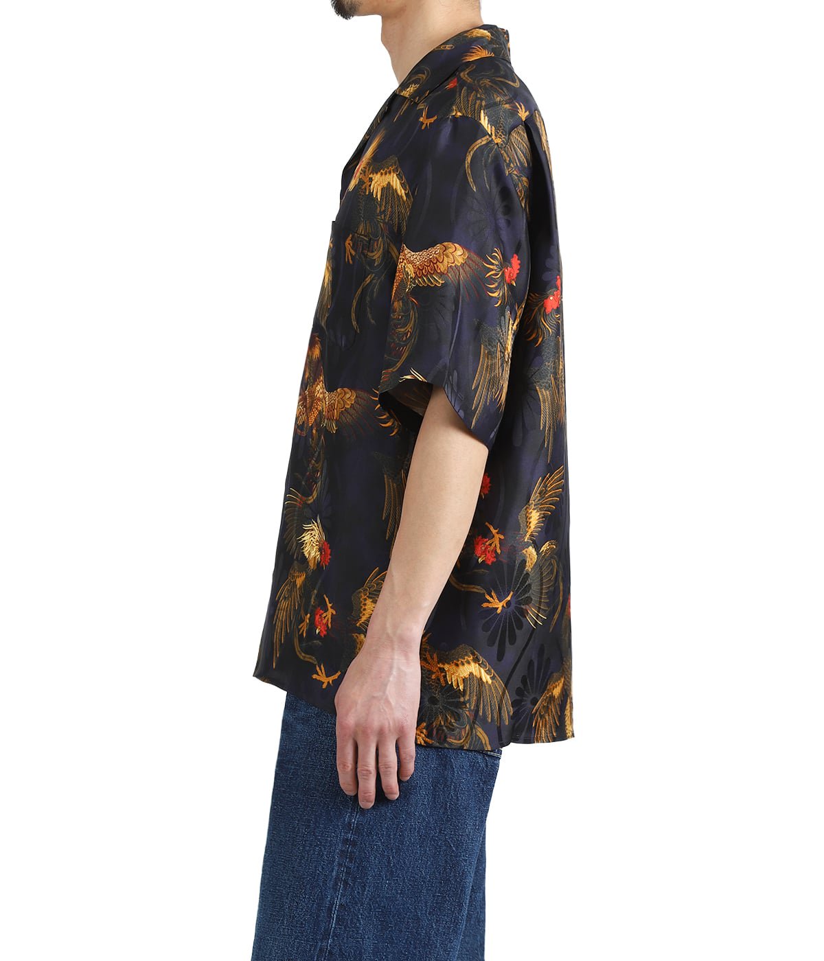SILK SHORT SLEEVE ALOHA SHIRT〈COCK FIGHTING/ BLACK BLUE