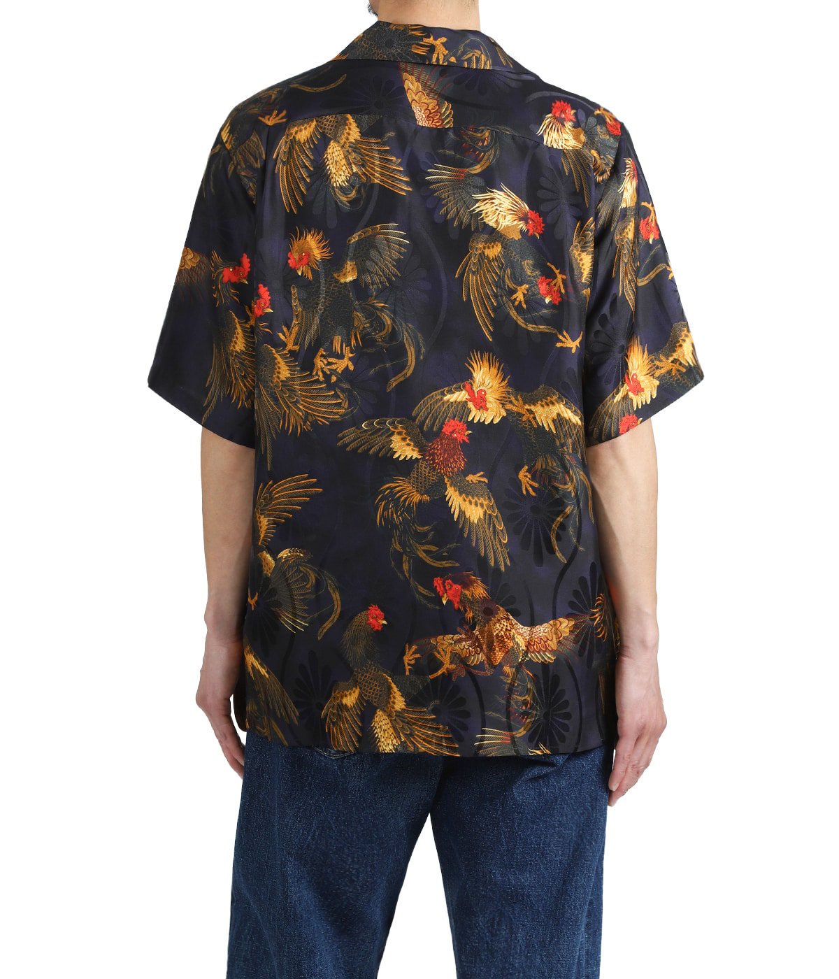 SILK SHORT SLEEVE ALOHA SHIRT〈COCK FIGHTING/ BLACK BLUE