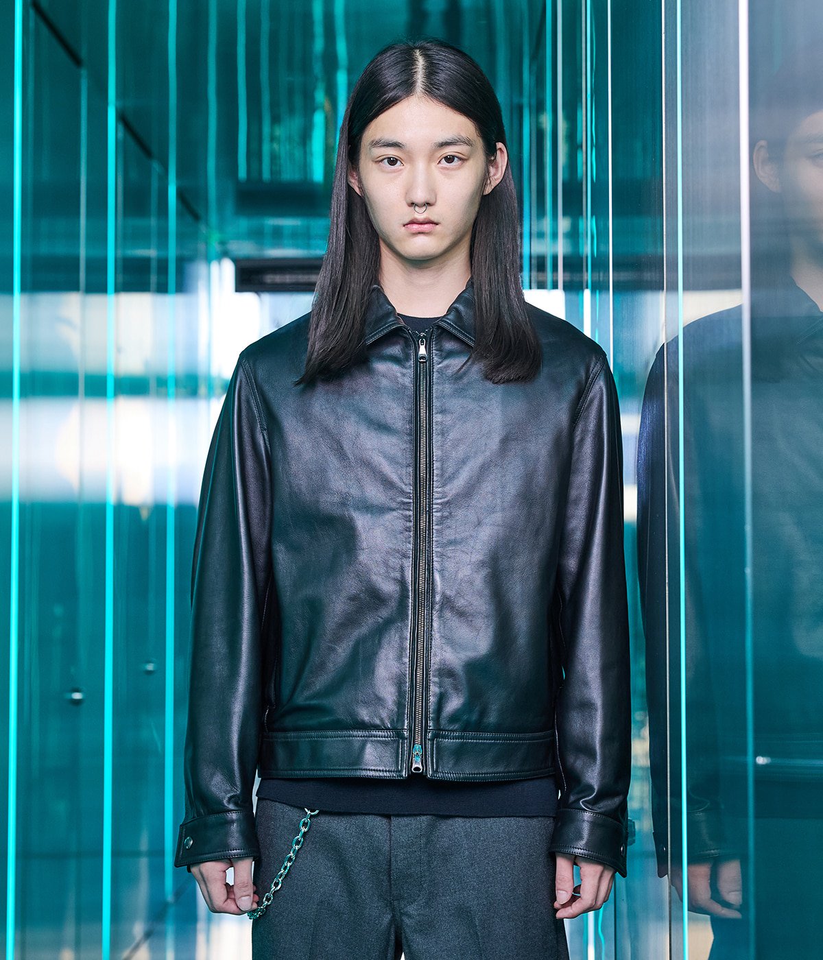 EMMETI 黒レザーコート ボア襟付き EMMETI 黒レザーコート ボア襟付き 別注】EMMETI ナイロン