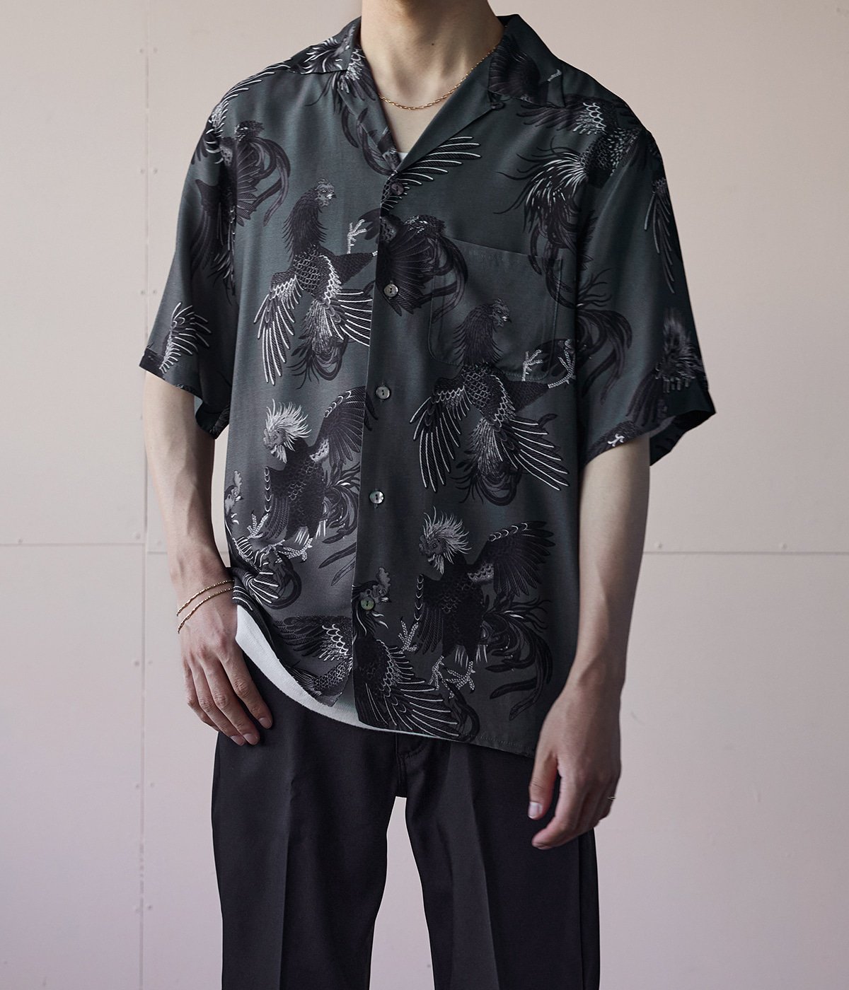 別注 RAYON SHORT SLEEVE ALOHA SHIRT COCK FIGHTING MONOTONE
