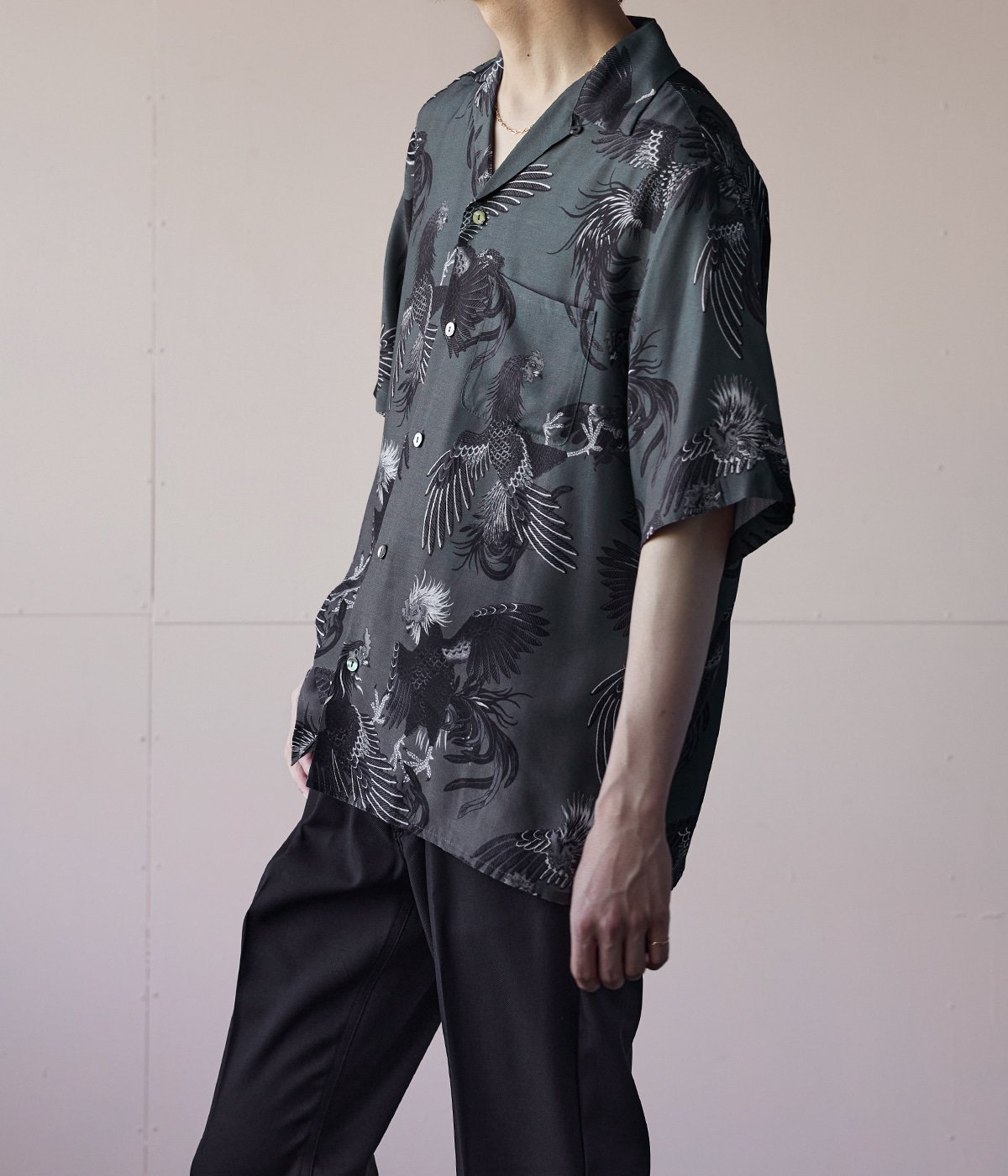別注 RAYON SHORT SLEEVE ALOHA SHIRT COCK FIGHTING MONOTONE