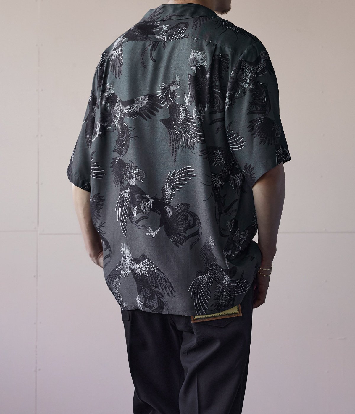 別注 RAYON SHORT SLEEVE ALOHA SHIRT COCK FIGHTING MONOTONE