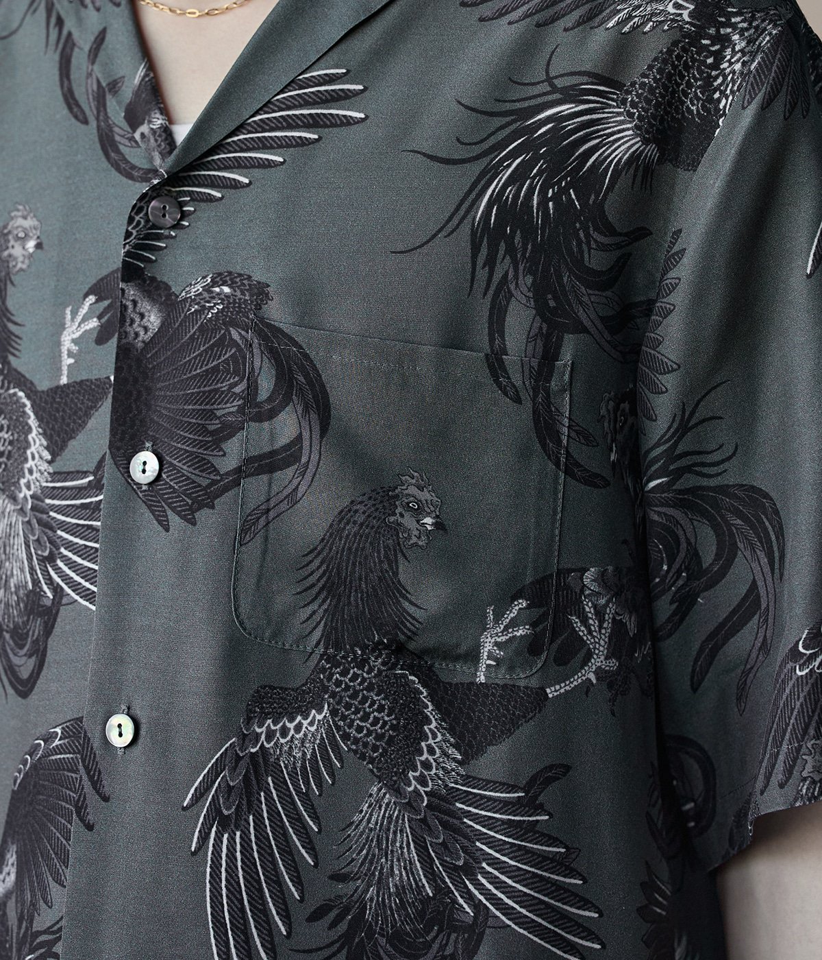 別注 RAYON SHORT SLEEVE ALOHA SHIRT COCK FIGHTING MONOTONE