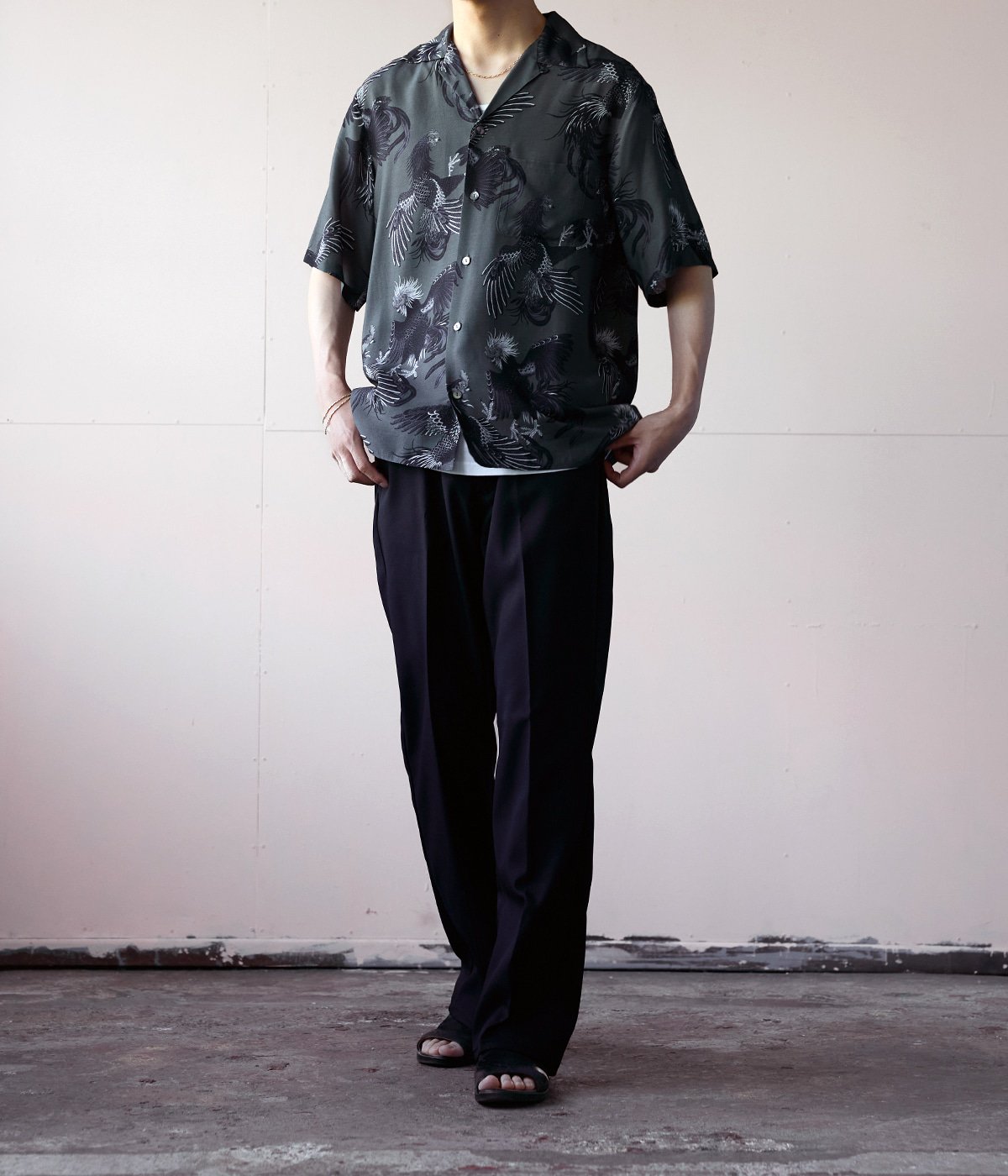 別注 RAYON SHORT SLEEVE ALOHA SHIRT COCK FIGHTING MONOTONE