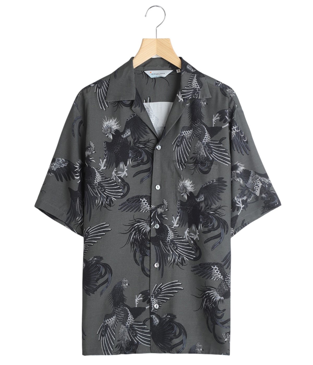別注 RAYON SHORT SLEEVE ALOHA SHIRT COCK FIGHTING MONOTONE