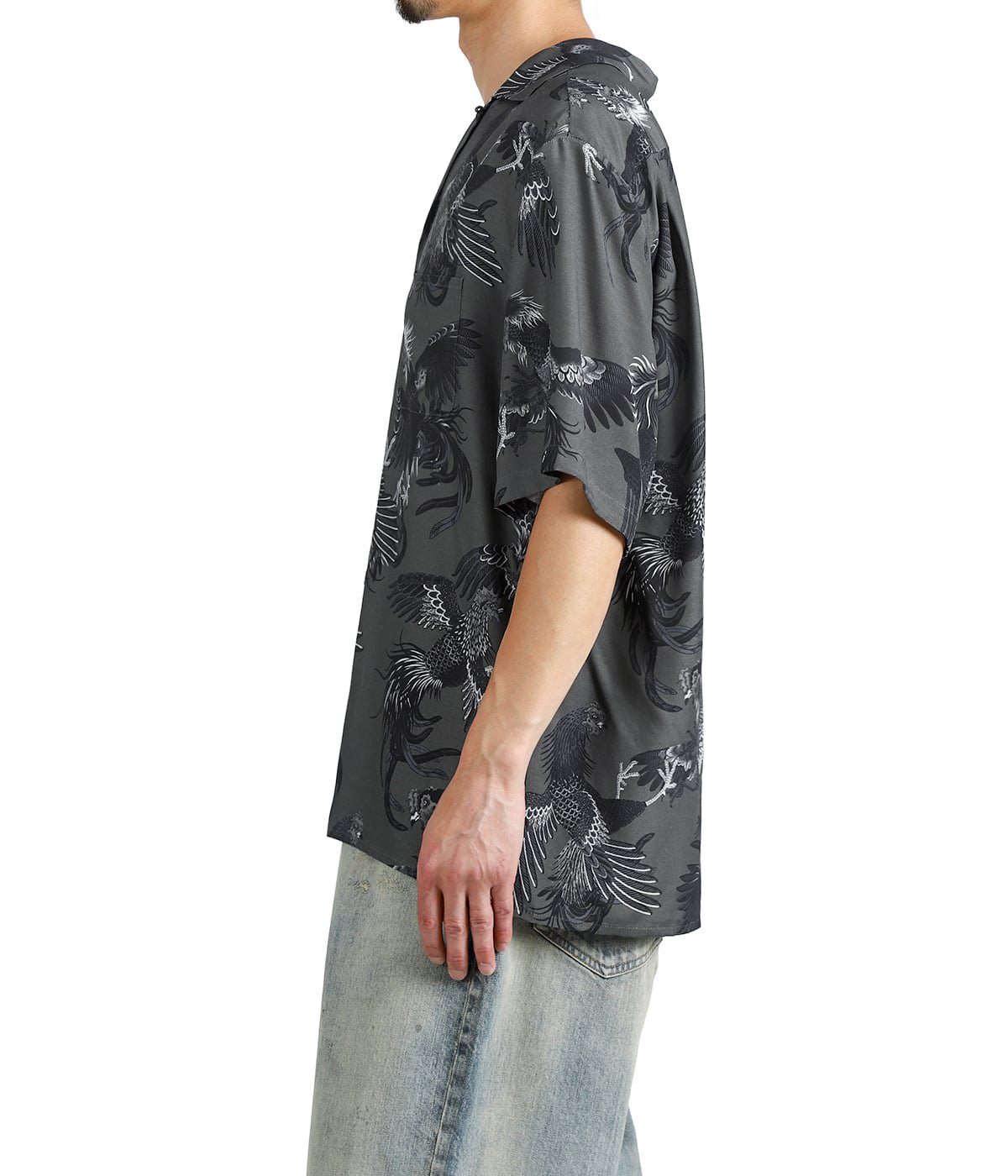 別注 RAYON SHORT SLEEVE ALOHA SHIRT COCK FIGHTING MONOTONE
