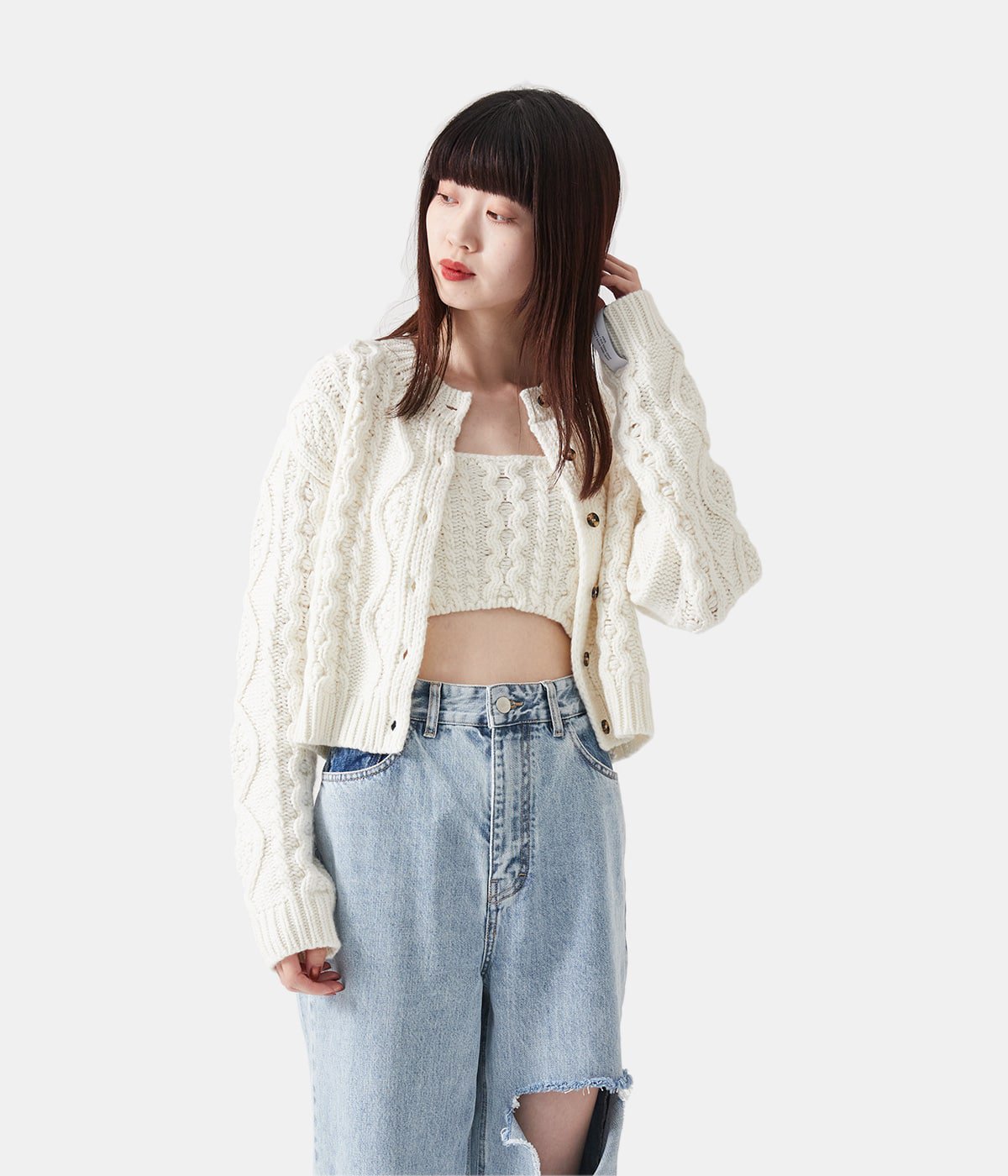 CABLE KNIT CARDIGAN WITH BRA | Rokh(ロク) / トップス ニット ...
