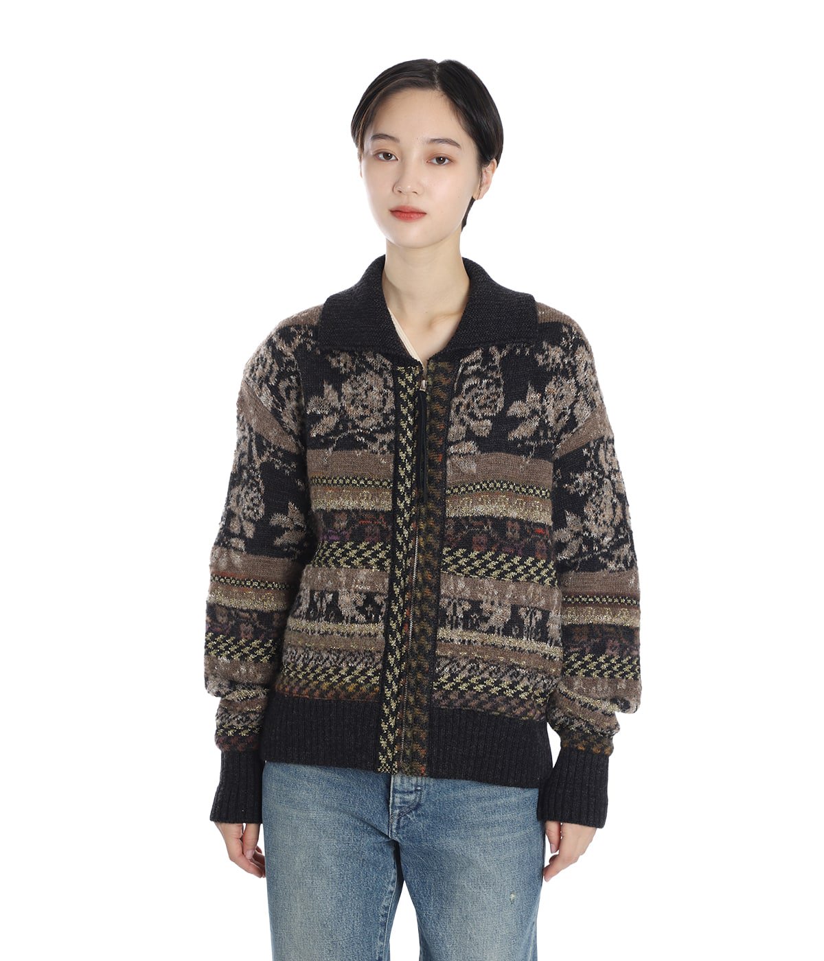 【美品】  TANAKA / タナカ | 2025AW | JACQUARD CARDIGAN / ウール ジャガード ジップアップ カーディガン | S | ブラウン系 | レディース TANAKA / タナカ | 2025AW | JACQUARD CARDIGAN / ウール ジャガード