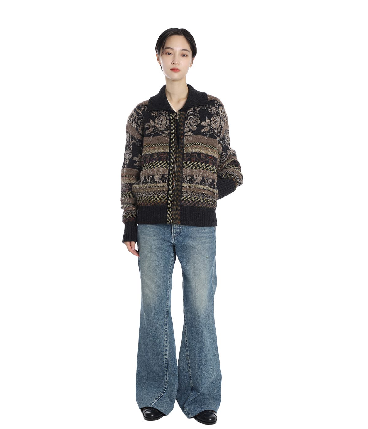 【美品】  TANAKA / タナカ | 2025AW | JACQUARD CARDIGAN / ウール ジャガード ジップアップ カーディガン | S | ブラウン系 | レディース TANAKA / タナカ | 2025AW | JACQUARD CARDIGAN / ウール ジャガード