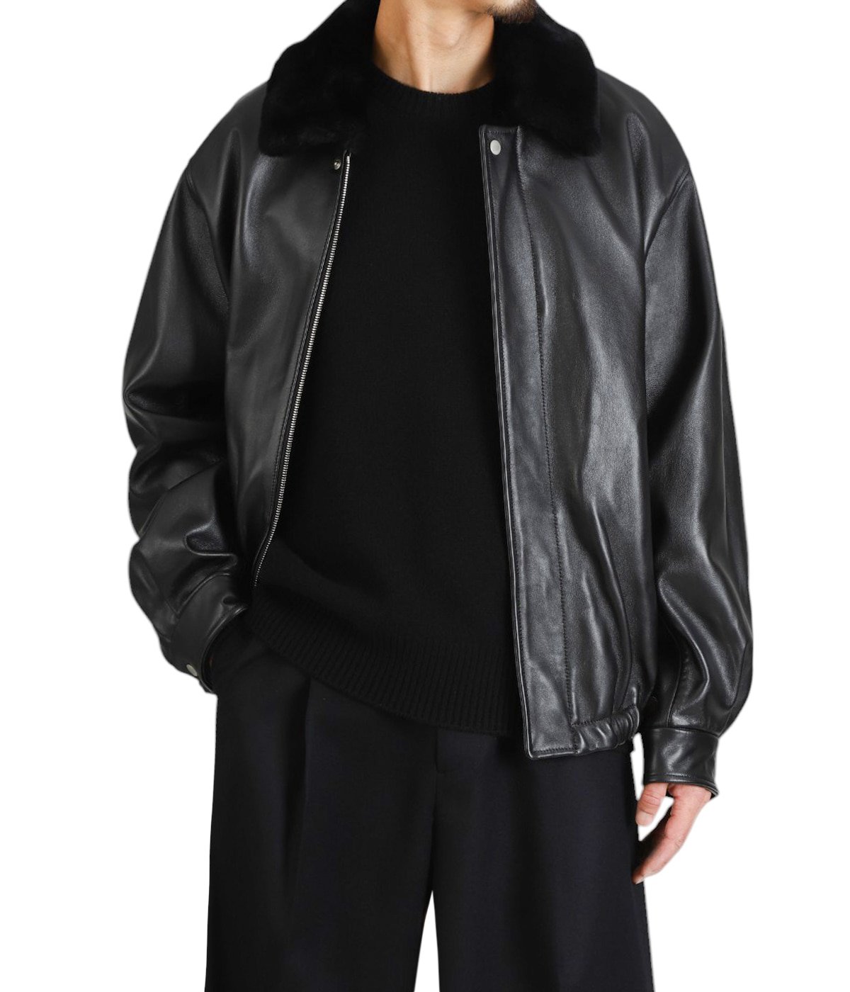 【momo】ssstein SHEEPLEATHER ssstein Mouton Collar Sheep Leather Zip Jacket Black – Très Bien
