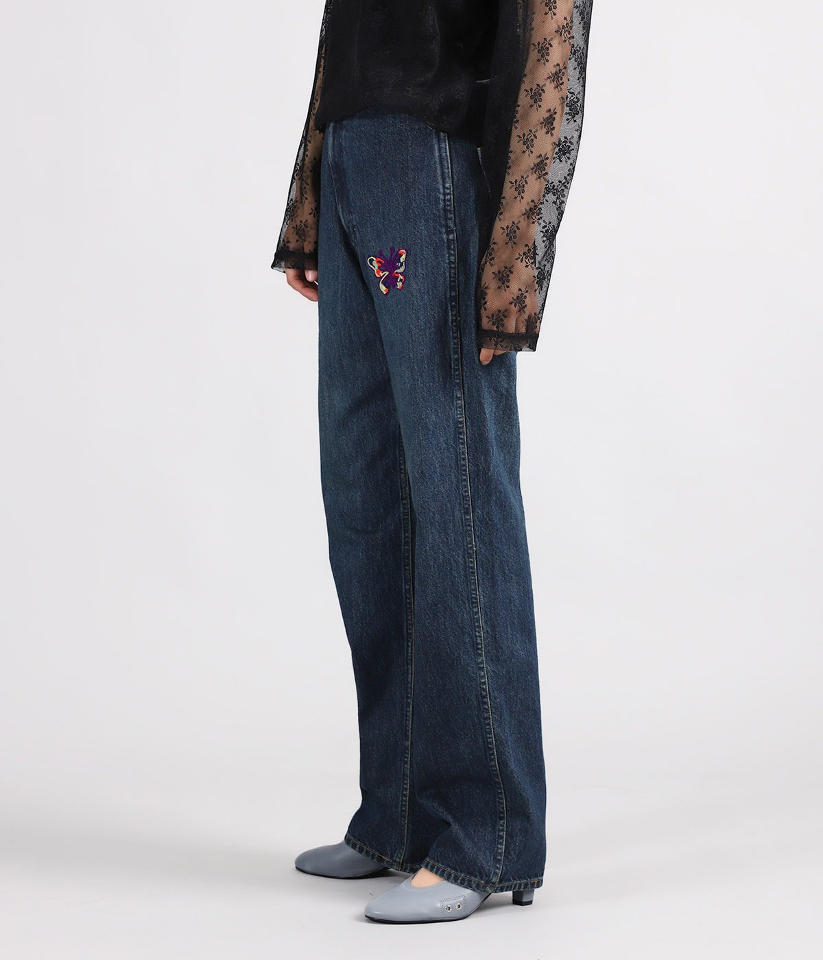 Mneedles ニードルズ 蝶刺繍 デニムジーンズ L レディース】Papillon Emb. Straight Jean - 12oz Denim | NEEDLES
