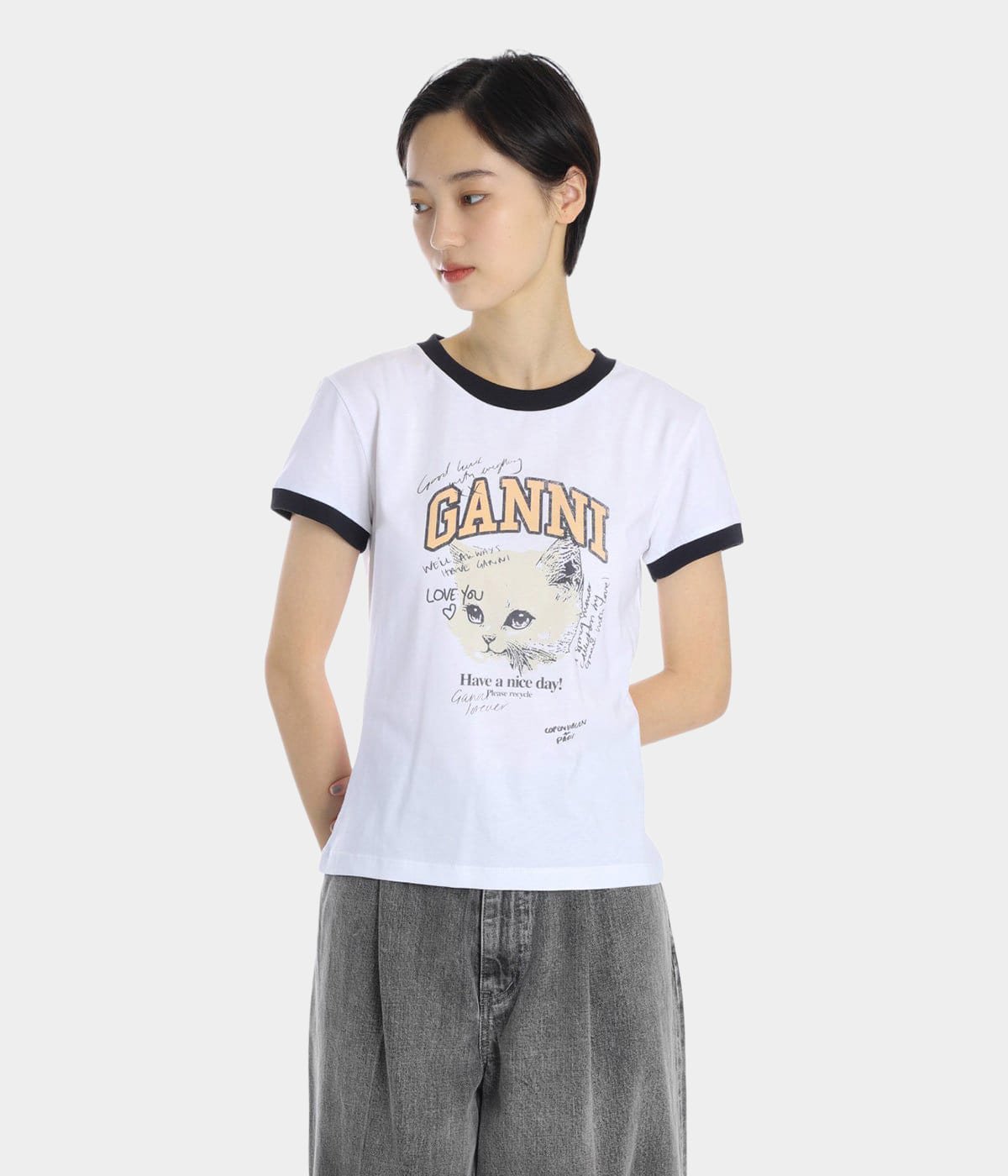 レディース】Basic Cotton Jersey Kitty Fitted T-shirt | GANNI 