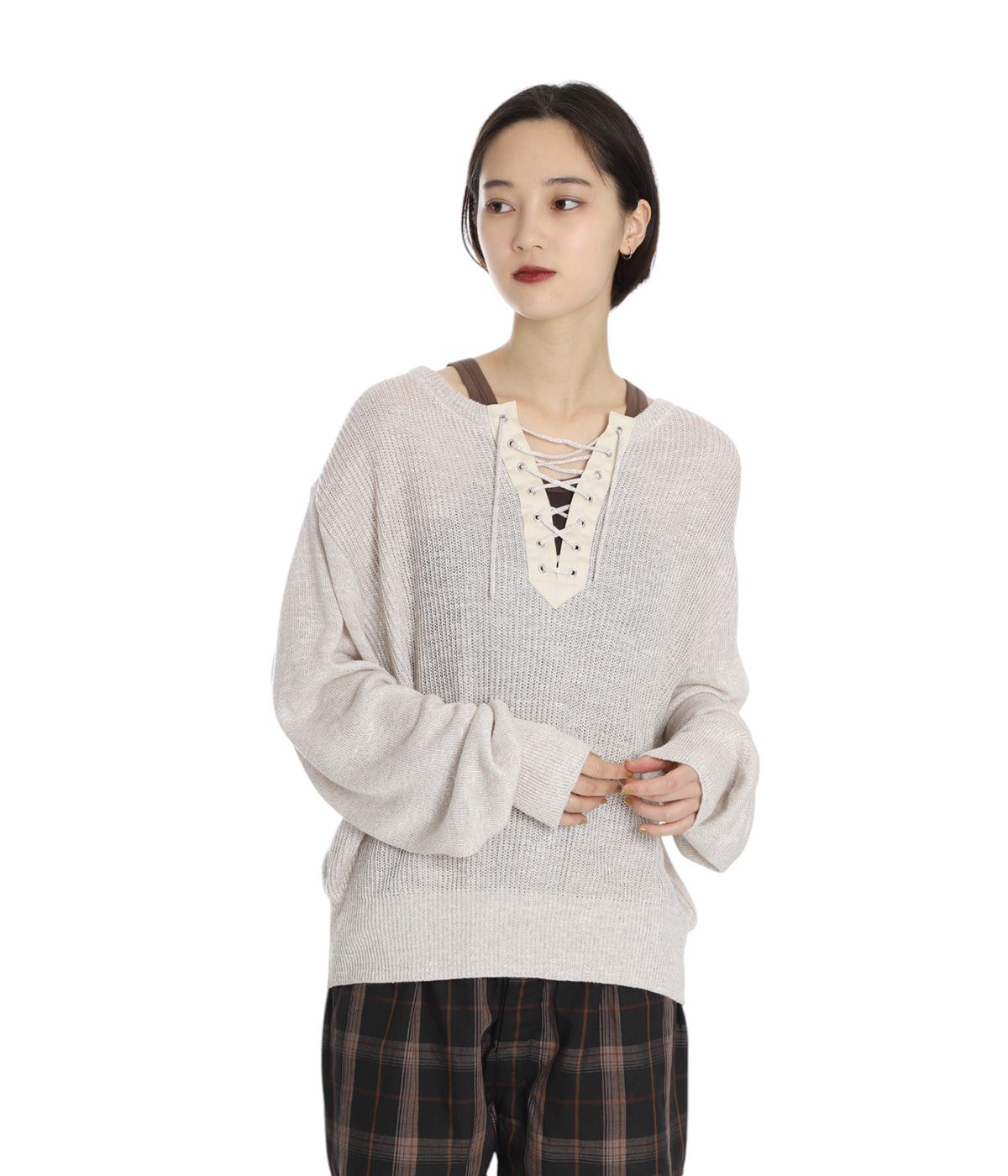 レディース】KNITTED LINEN LACE-UP LONG SLEEVE
