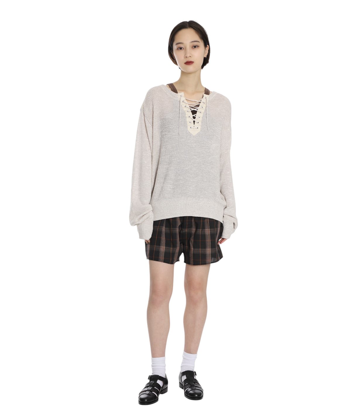 レディース】KNITTED LINEN LACE-UP LONG SLEEVE