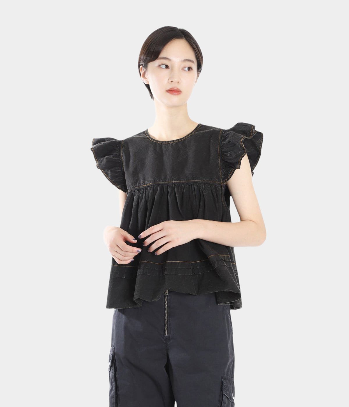 レディース】Garment Dyed Cotton Frill Sleeve Top | GANNI(ガニー