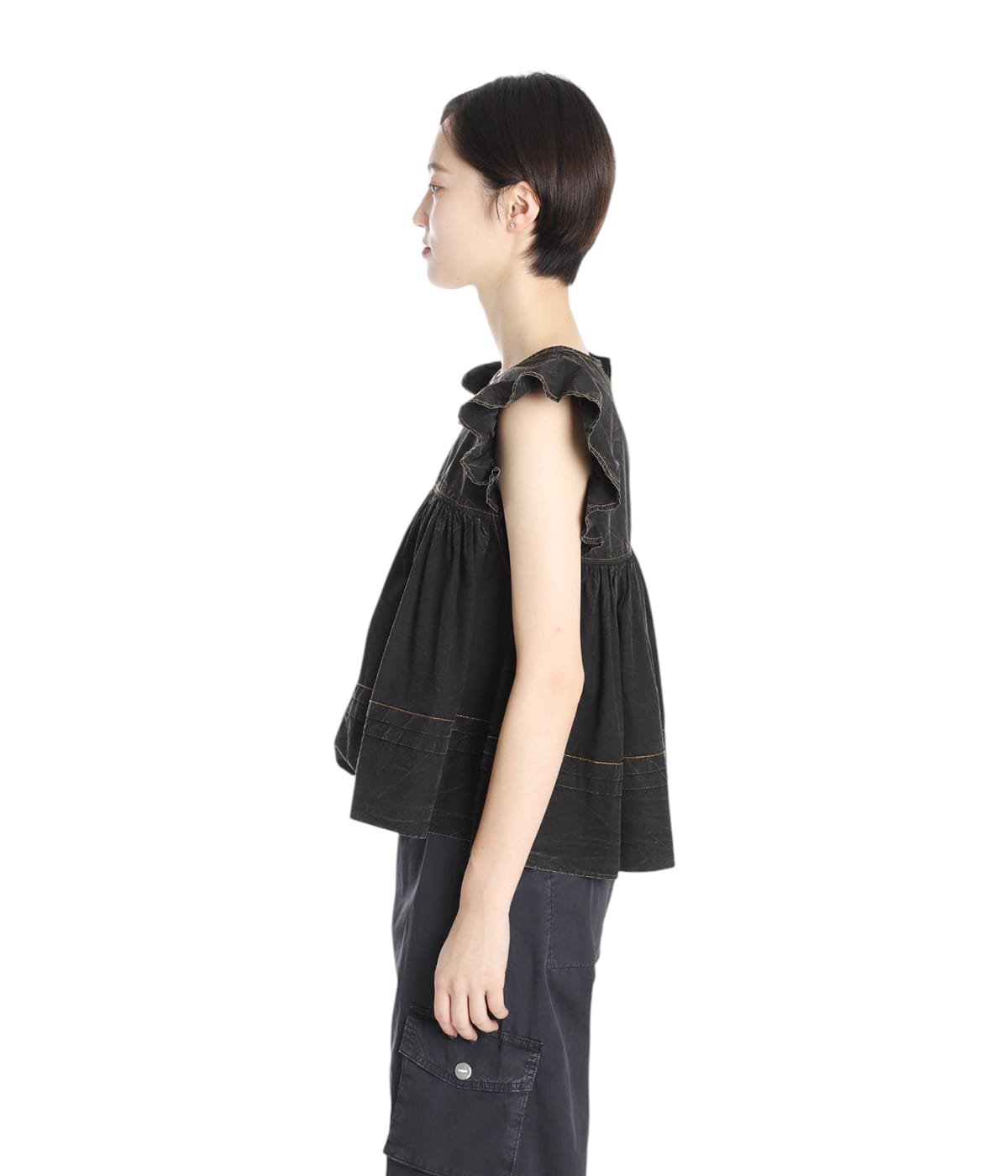 レディース】Garment Dyed Cotton Frill Sleeve Top | GANNI(ガニー